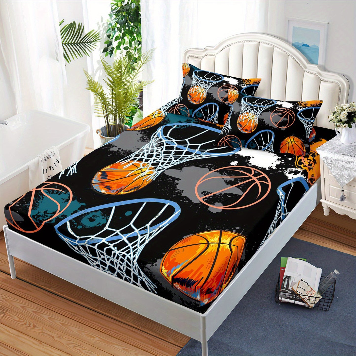 Basketball Theme Three Piece Fitted Sheet Bedding Set With Pillowcases