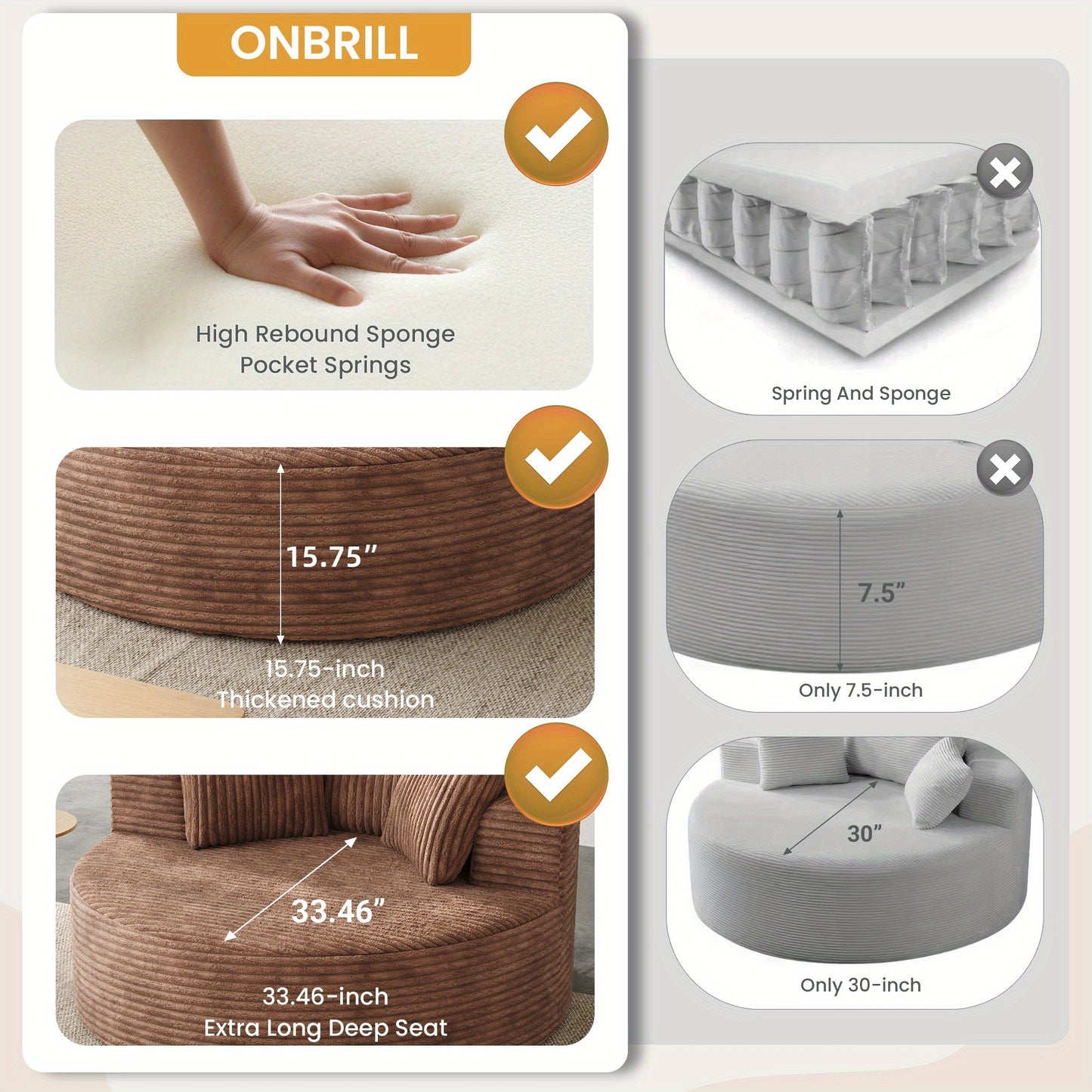 Corduroy Modular Sofa Bed With Built-In Pillows For Living Room