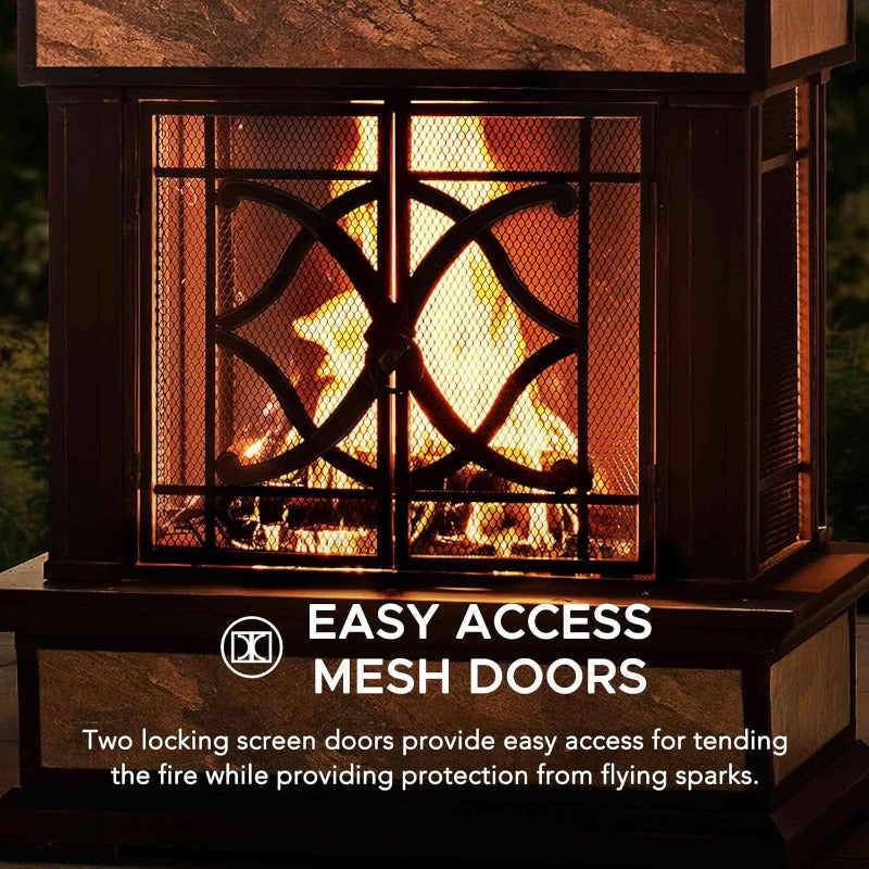 Outdoor Wood Burning Steel Fireplace With Chimney Spark Screen