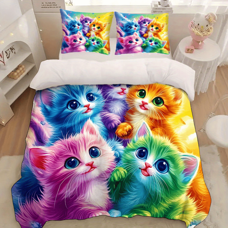 Cat Printed Quilt Cover Set Three Piece Pillowcases Polyester Bedding