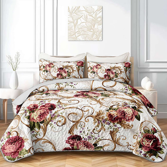 Vintage Floral Bedspread Set Machine Washable Pillowcases