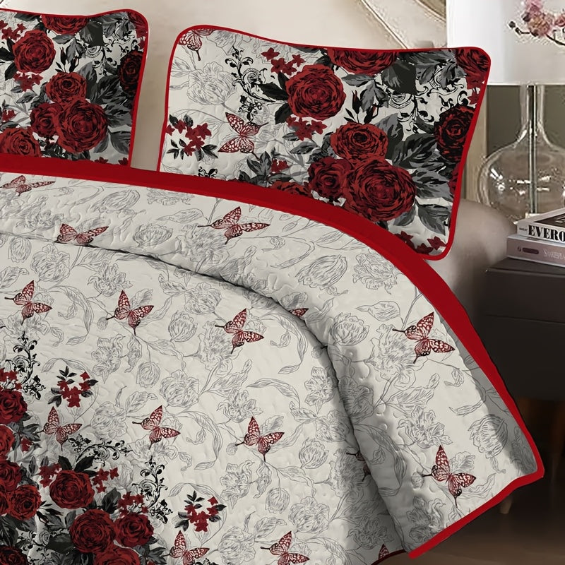 Romantic Rose Quilt Set Polyester Coverlet With Embellishments Machine Washable