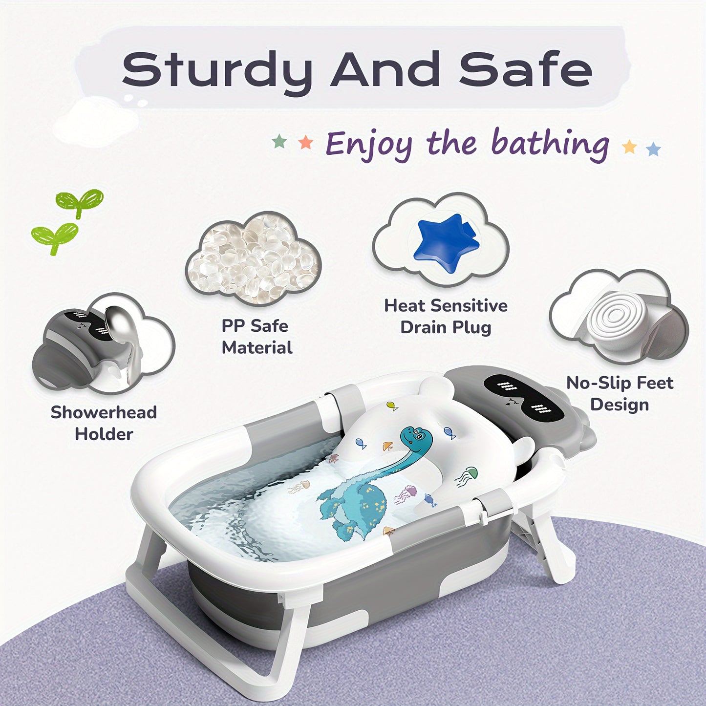 LEOOY Foldable Baby Bathtub With Soft Cushion Dinosaur Pattern
