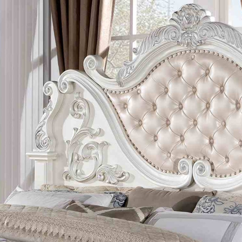 Vintage Tufted Leatherette Headboard Baroque Footboard Luxury Bed Frame