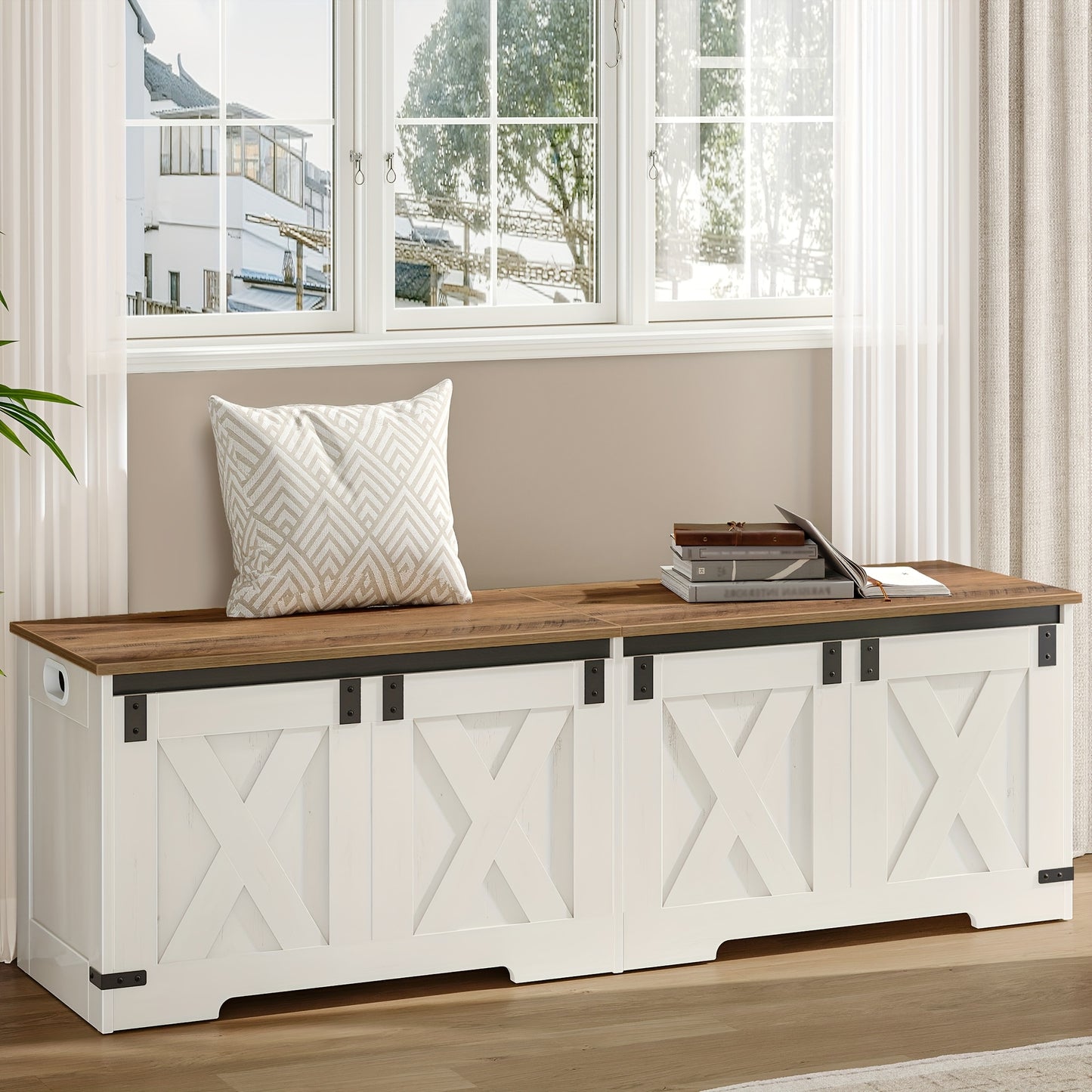 HZUANERI Farmhouse Wooden Storage Chest Lift Top Organizer With 2 Hinges