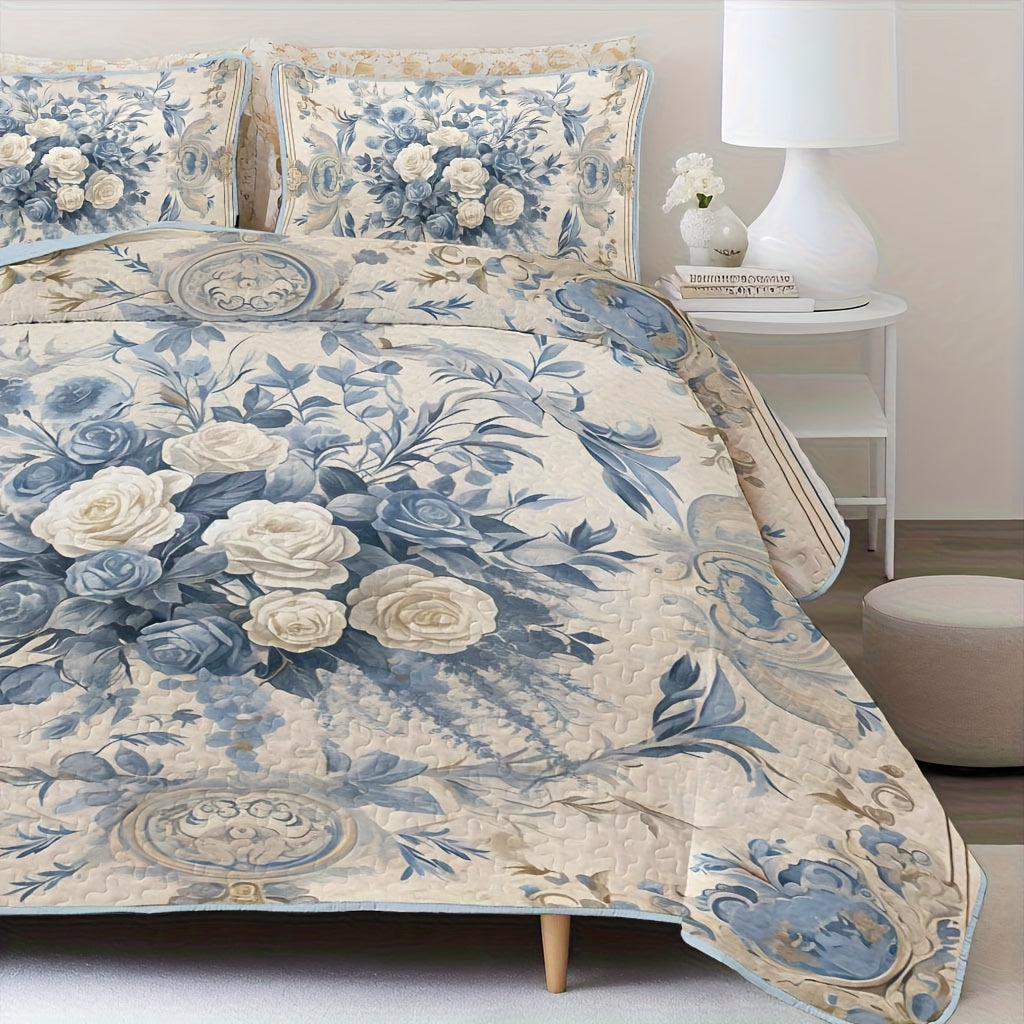 Flower Design Quilt Set Hypoallergenic Breathable All Seasons Lightweight Bedding