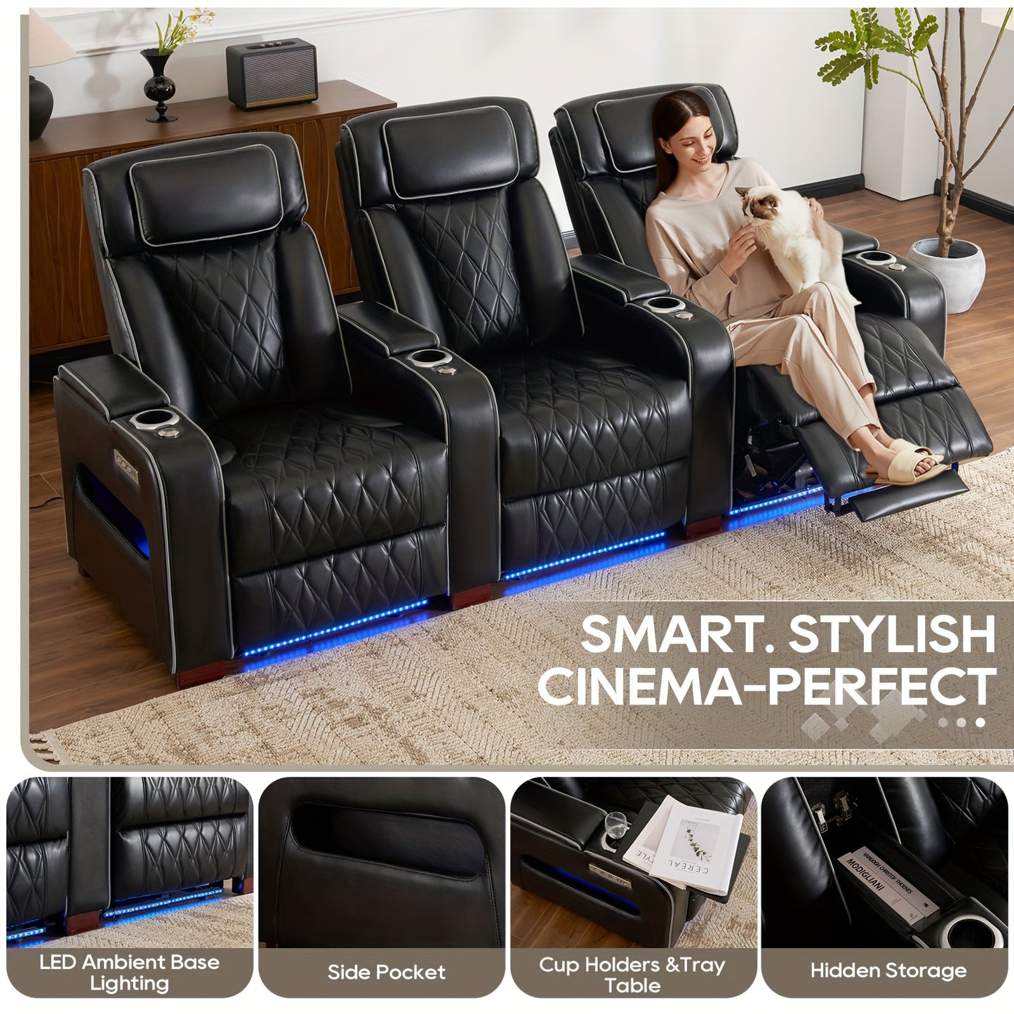Consofa Home Theater Seating Power Recline Leather Memory Foam Sofa