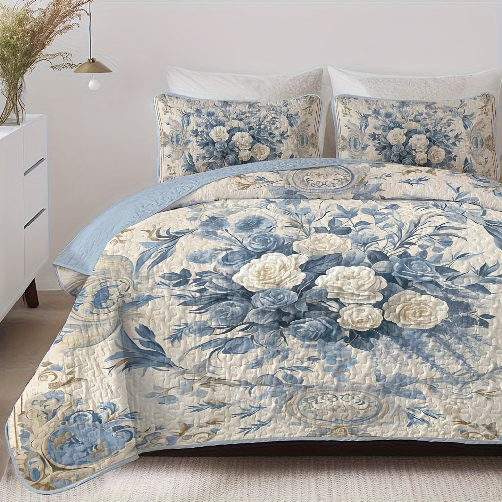 Flower Design Quilt Set Hypoallergenic Breathable All Seasons Lightweight Bedding