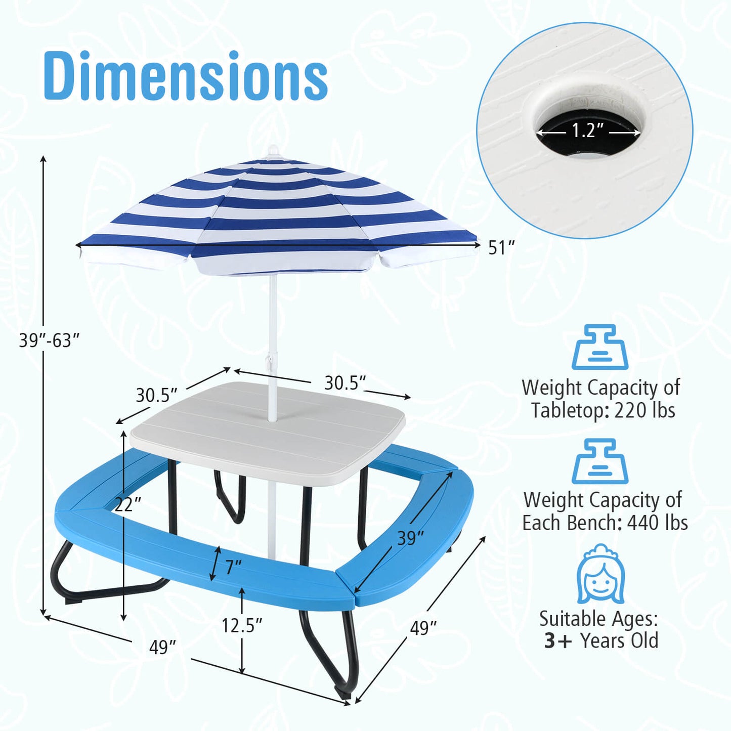 COSTWAY Picnic Table with a Height-Adjustable Umbrella, Durable HDPE Outdoor Table with Four Benches for Eight Kids, Sturdy Metal Structure, Suitable for Indoor And Outdoor Activities for Toddlers Aged 3 And Up