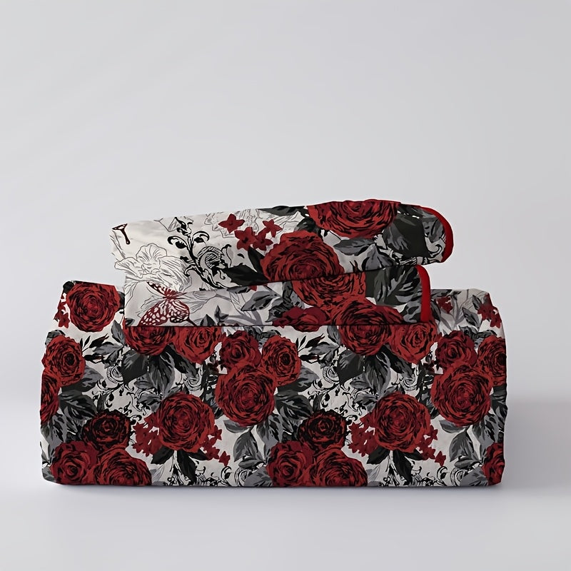 Romantic Rose Quilt Set Polyester Coverlet With Embellishments Machine Washable