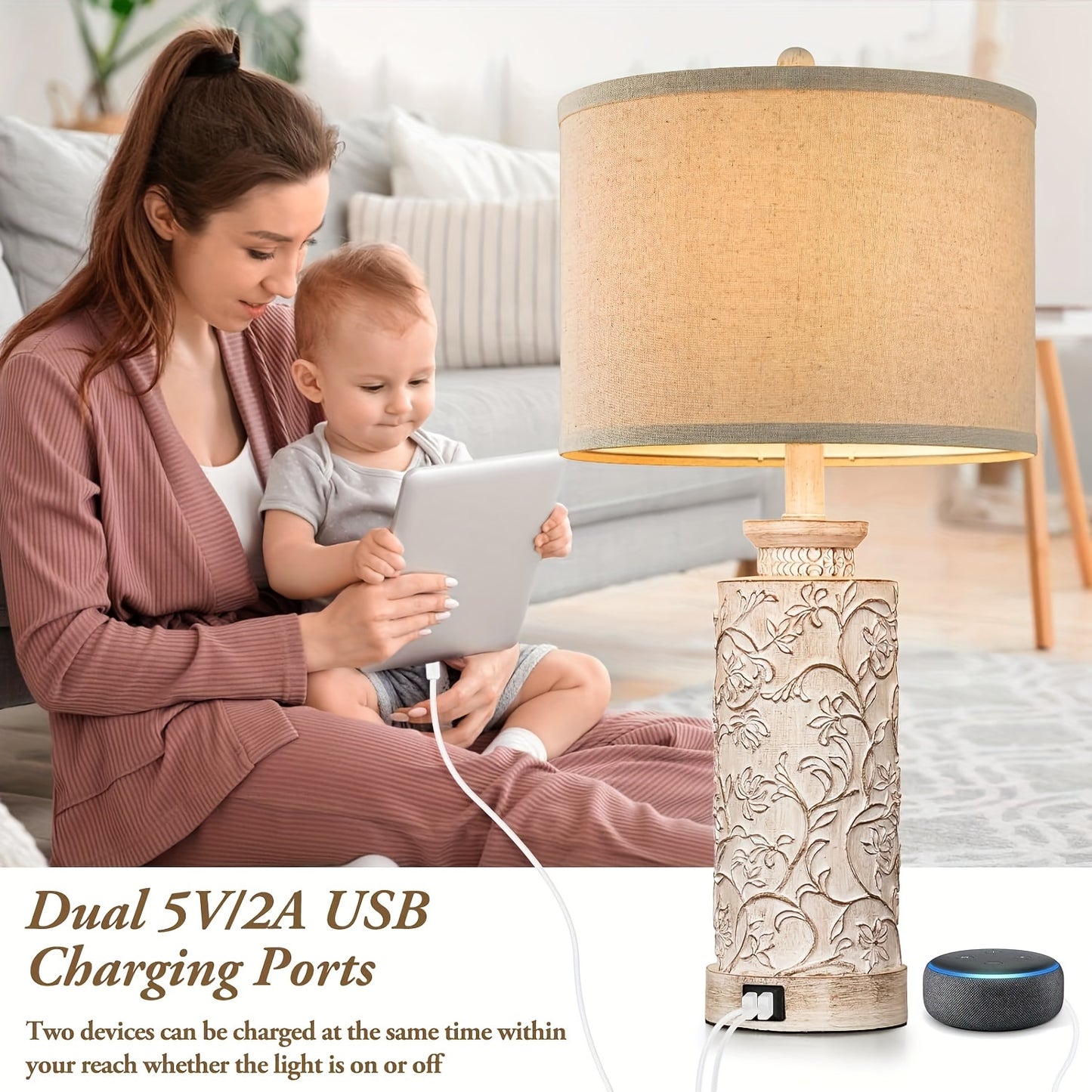 Modern Farmhouse Table Lamps Set Of 2 With USB Ports