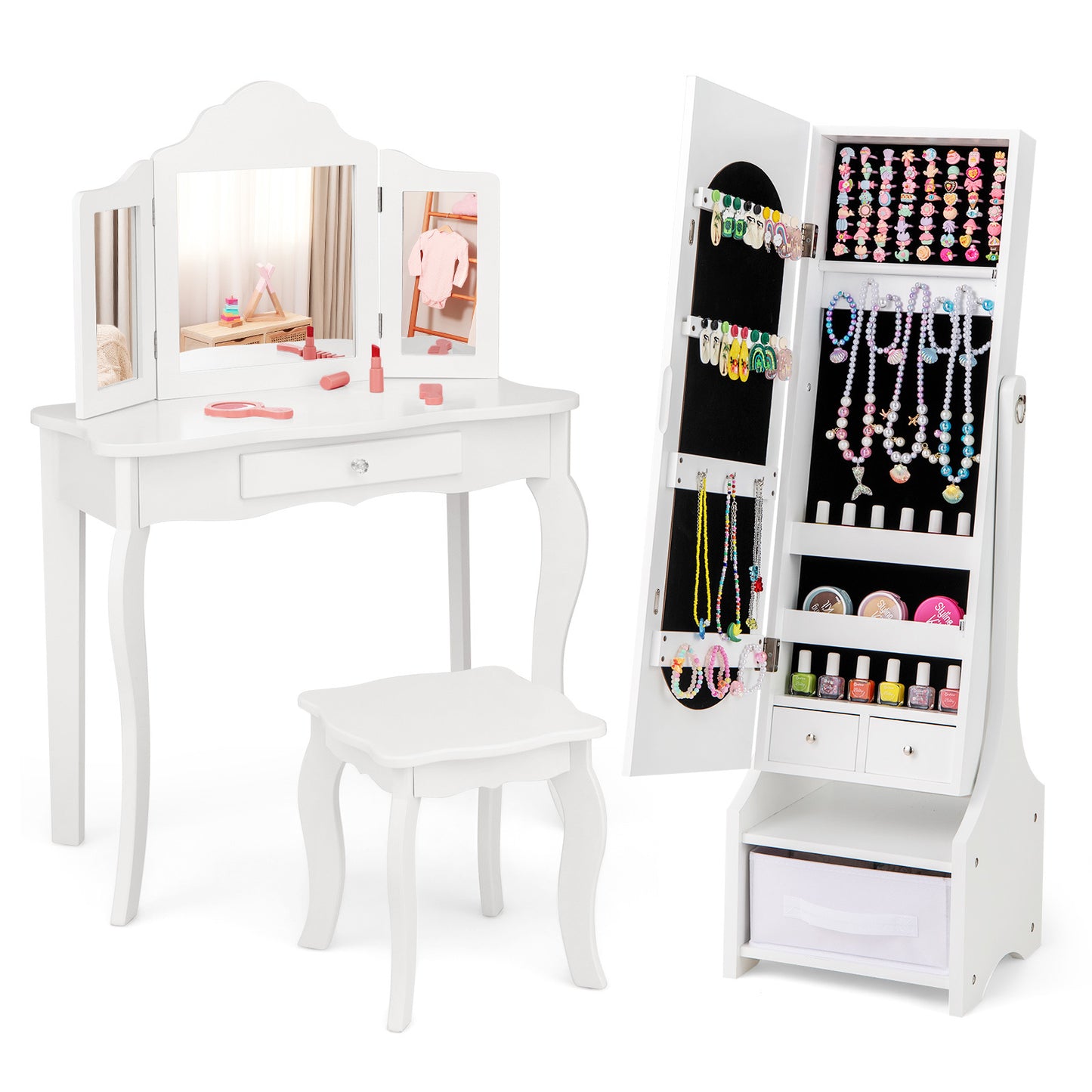 COSTWAY Princess Vanity Set with Chair and Jewelry Armoire