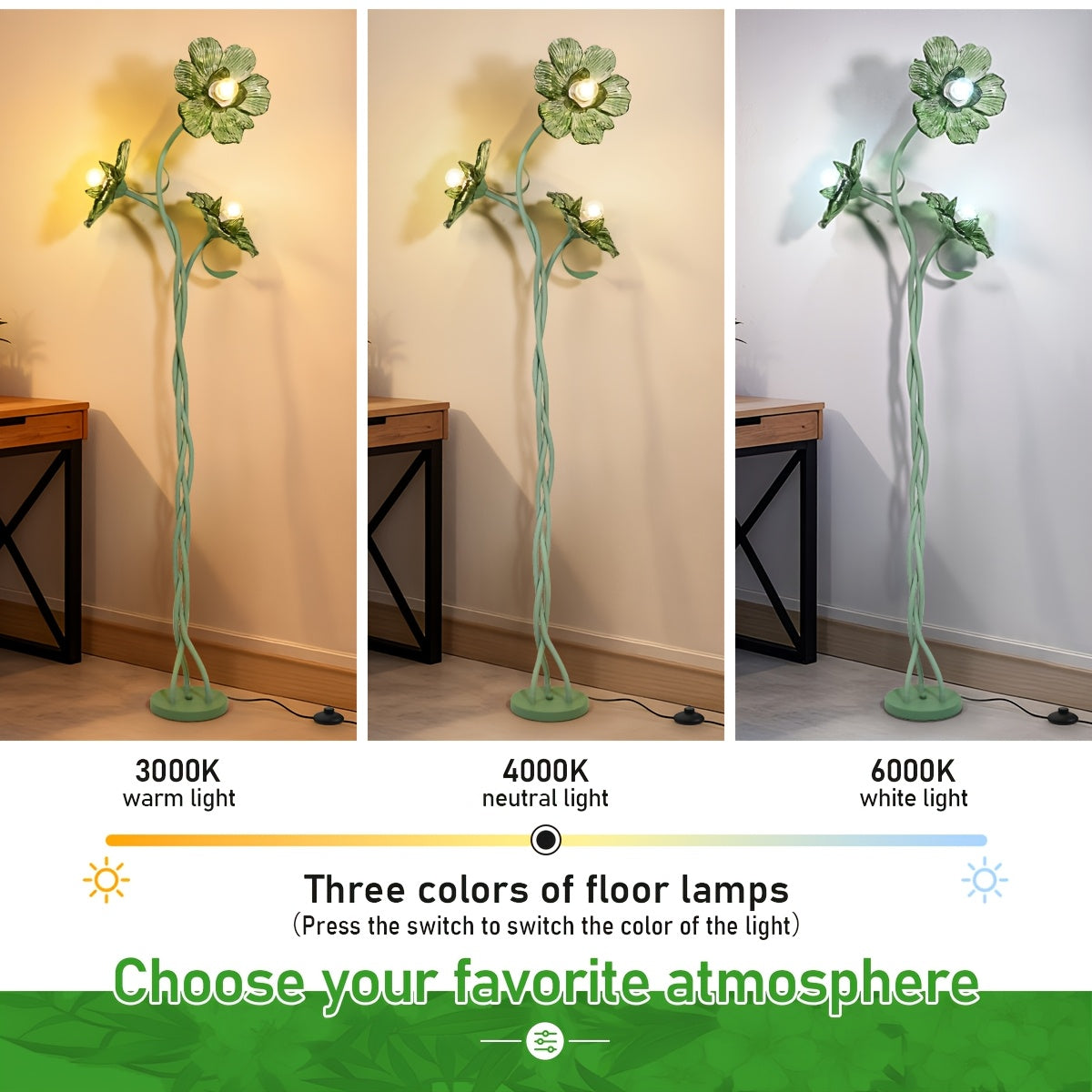Cherry Blossom Three-Head Floor Lamp With Retractable Swivel Foot Switch