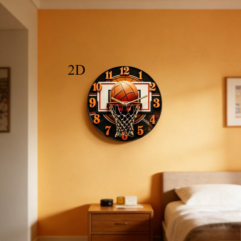 Basketball Wall Clock with Net, Silent Quartz Movement, Wood Frame