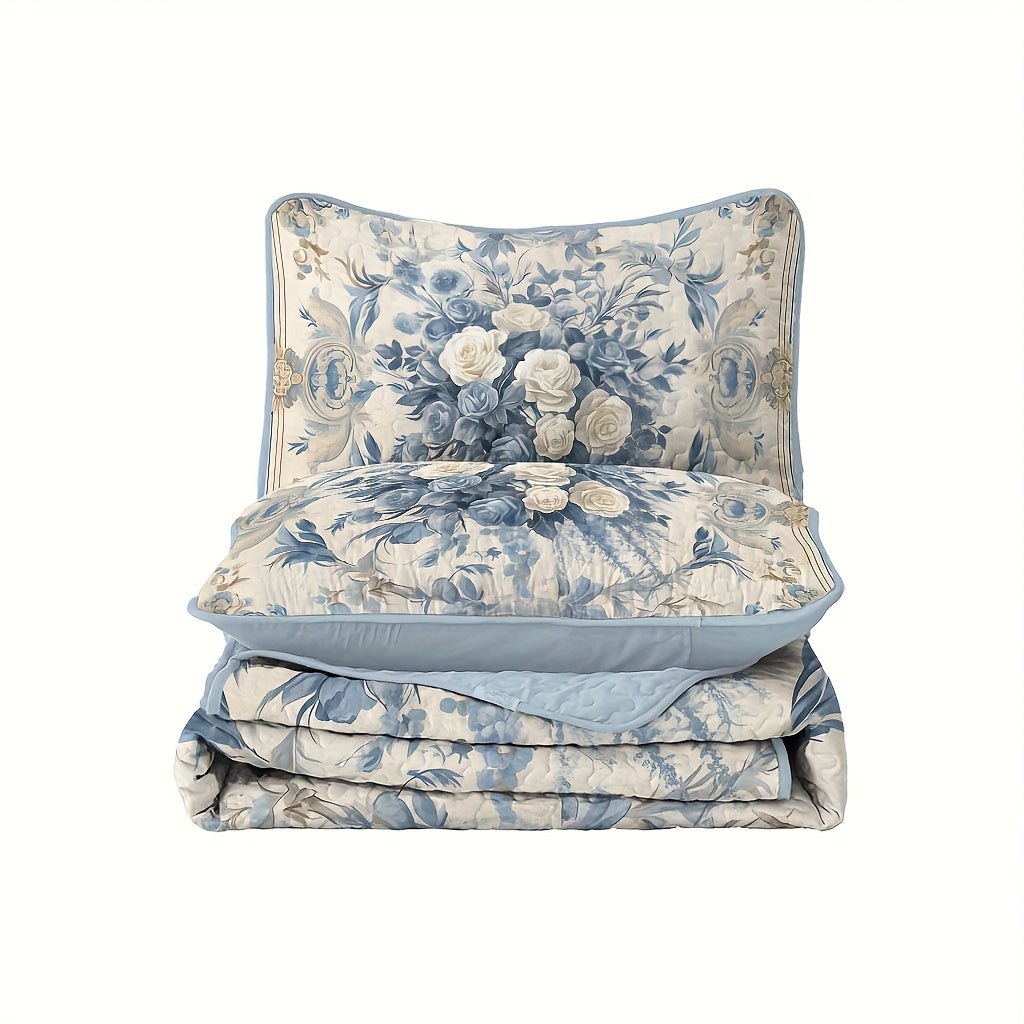 Flower Design Quilt Set Hypoallergenic Breathable All Seasons Lightweight Bedding