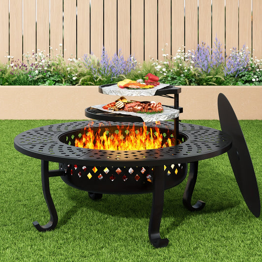 Fire Pit With Grill And Lid For Outdoor Wood Burning