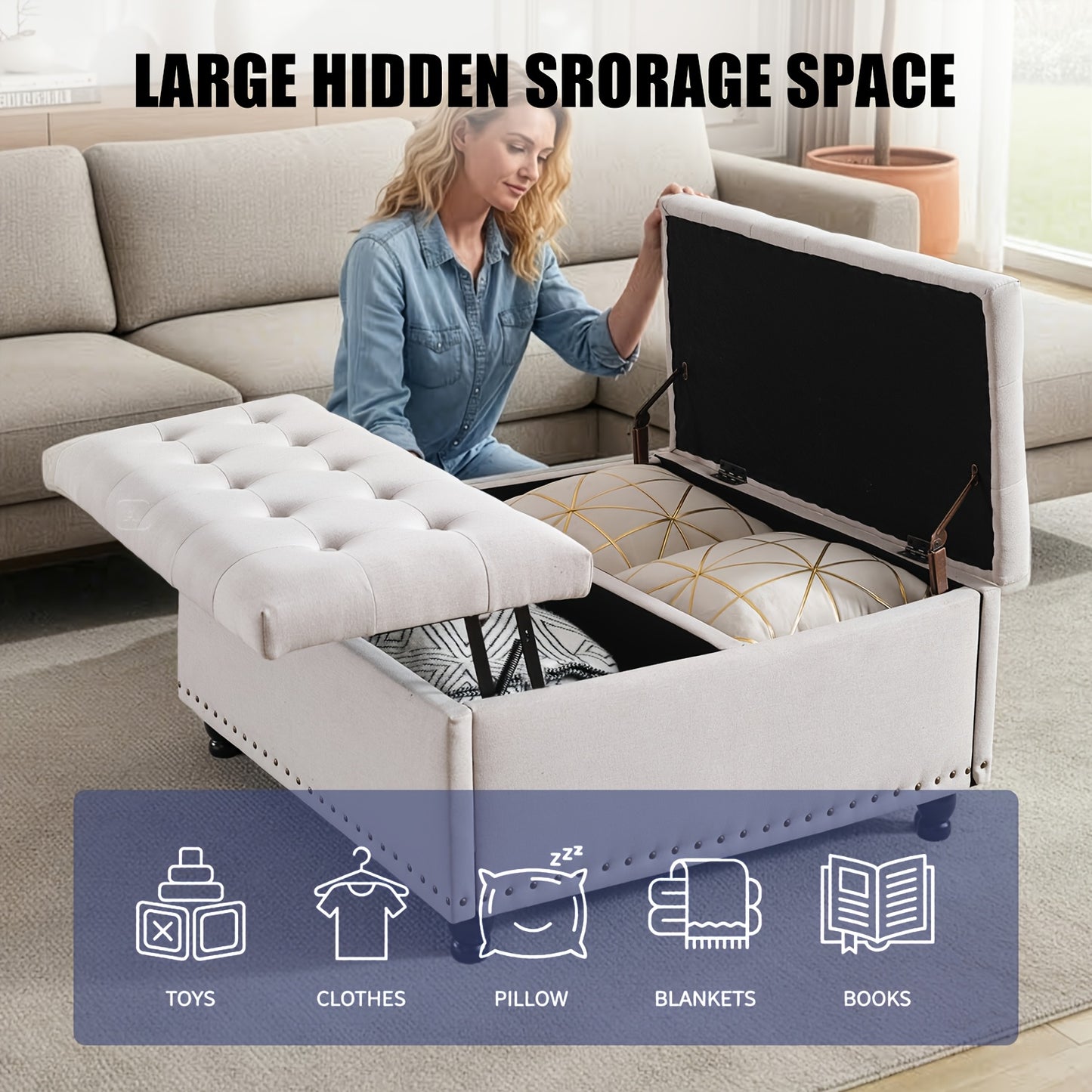 KINGFUN Square Storage Ottoman With Removable Lid Hardwood