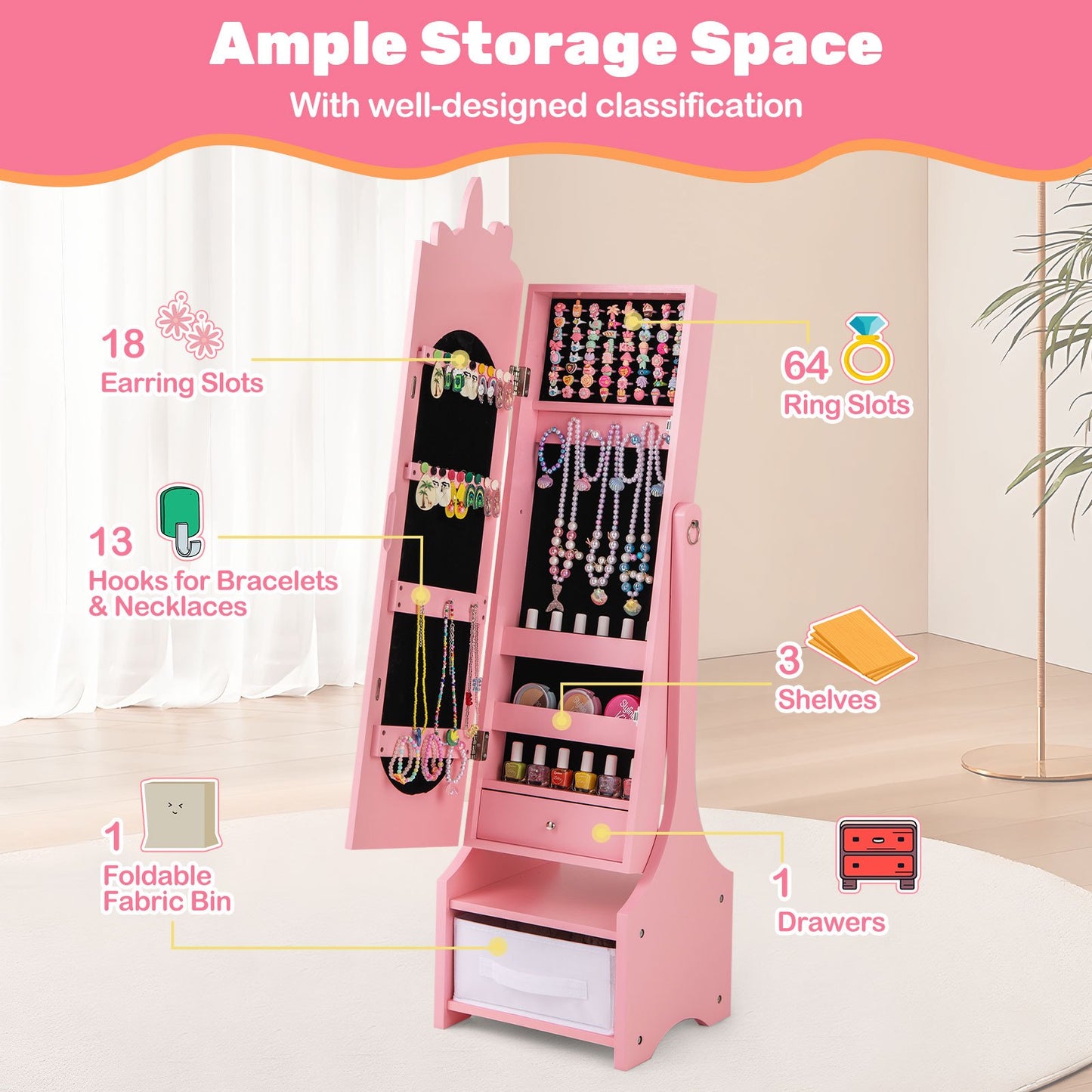 COSTWAY Kids Jewelry Armoire Cabinet With Full Length Mirror