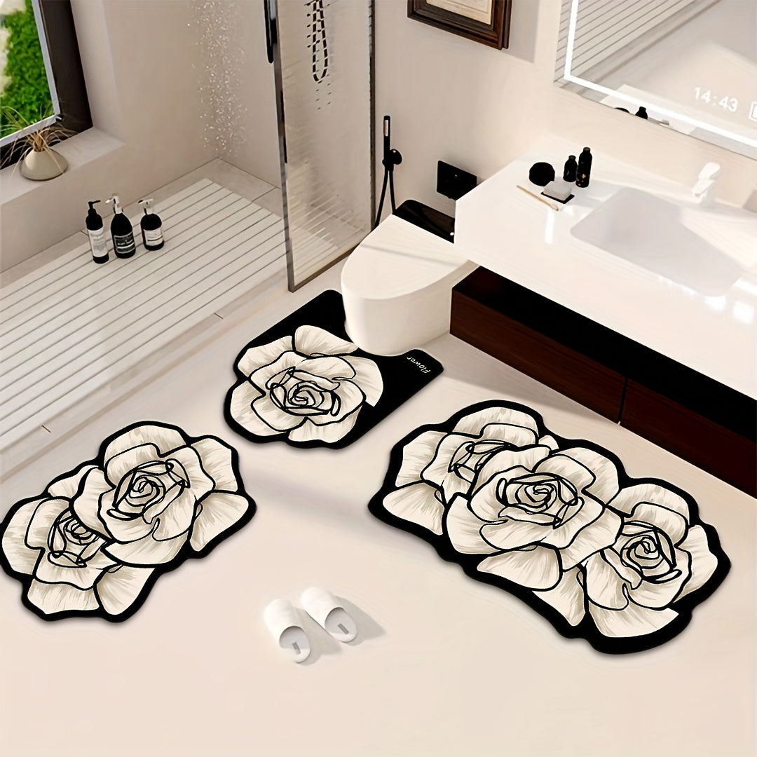 Elegant Floral Diatomite Bathroom Mat Set 3 Piece Non Slip