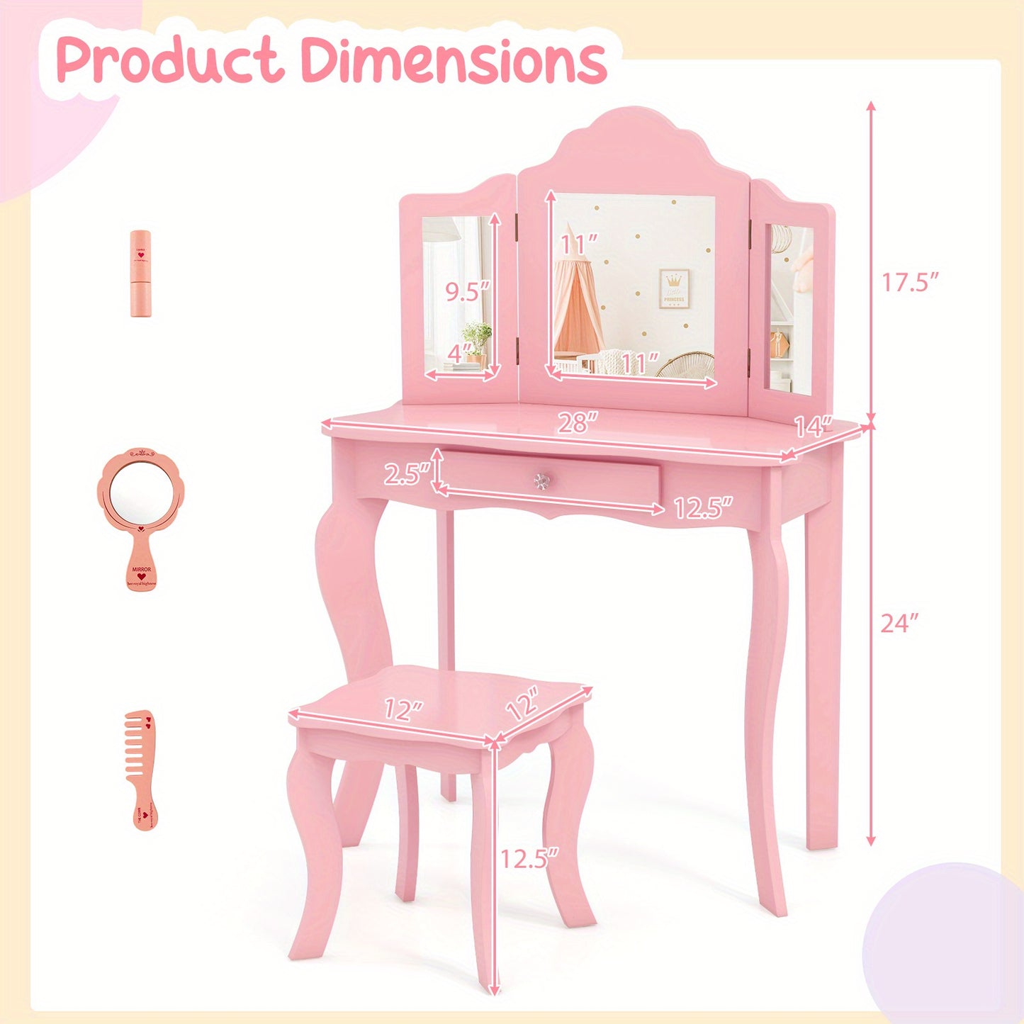 COSTWAY Princess Vanity Set with Chair and Jewelry Armoire