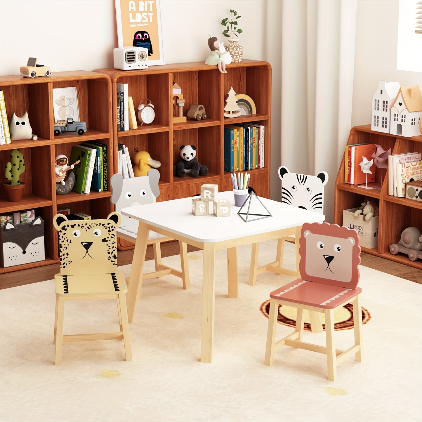 Kids Table And Chair Set With Animal Theme Wood Furniture