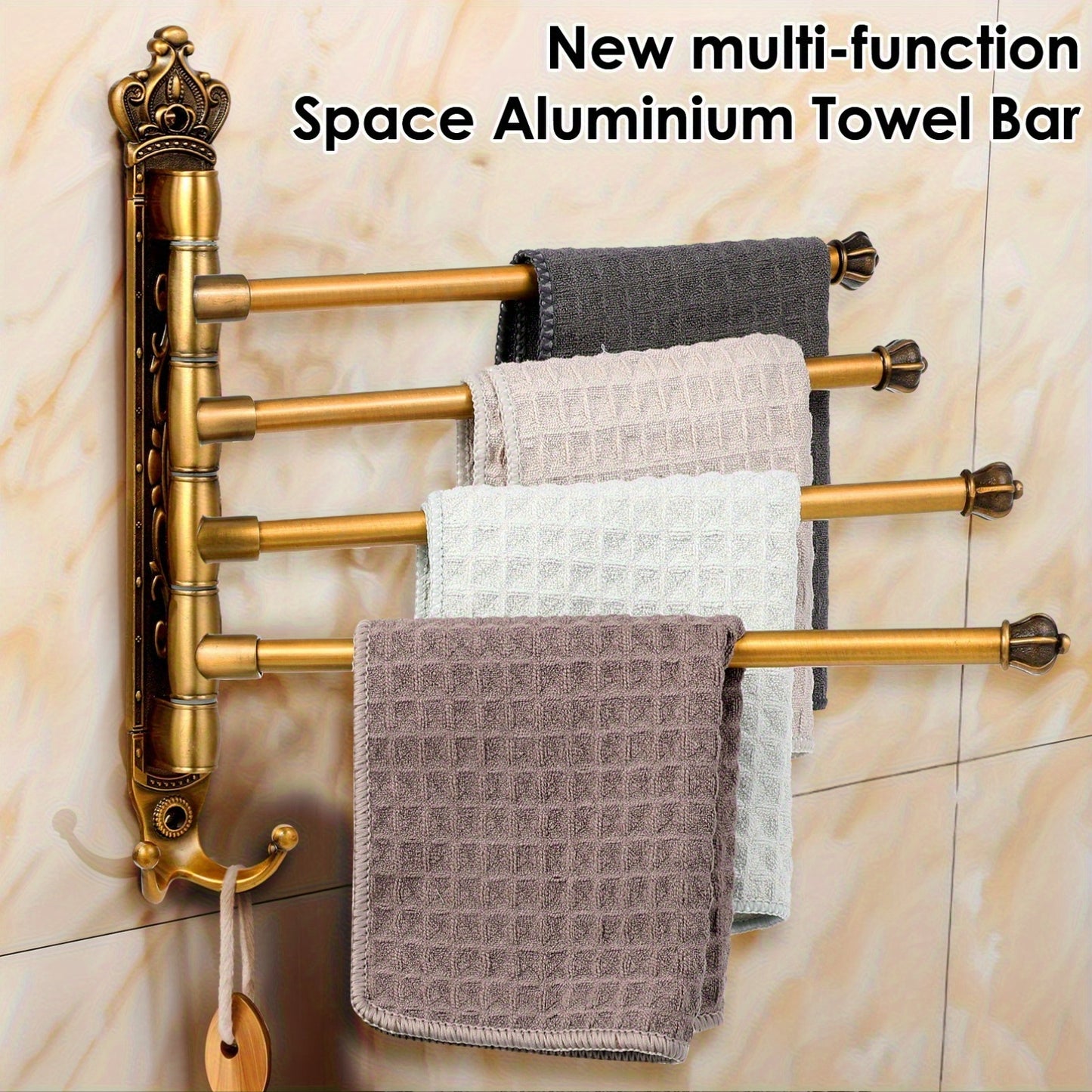 Aluminum Four Bar Towel Rack Rotatable Foldable No Drill Installation