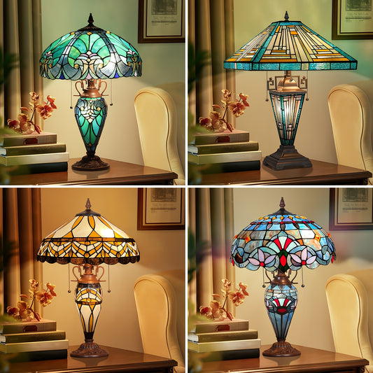 Stained Glass Table Lamp Three Light Mission Style Reading Lamp