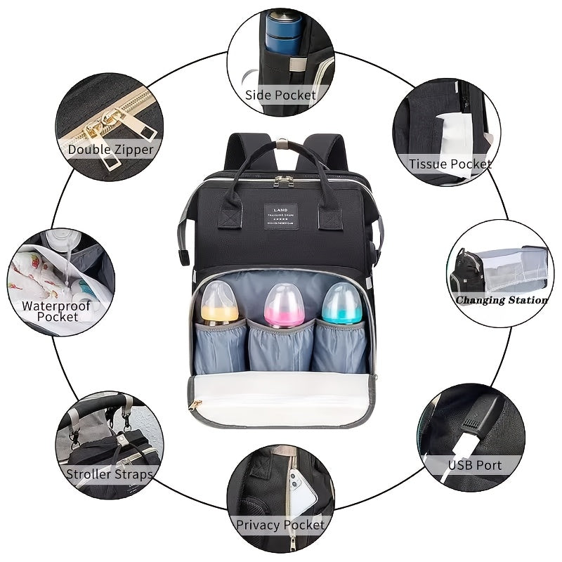 Multi-functional Diaper Bag Backpack | With Baby Carrier and Insulated Bottle Pocket, Large Capacity, Stylish, Polyester, Zipper Closure, Adjustable Shoulder Straps