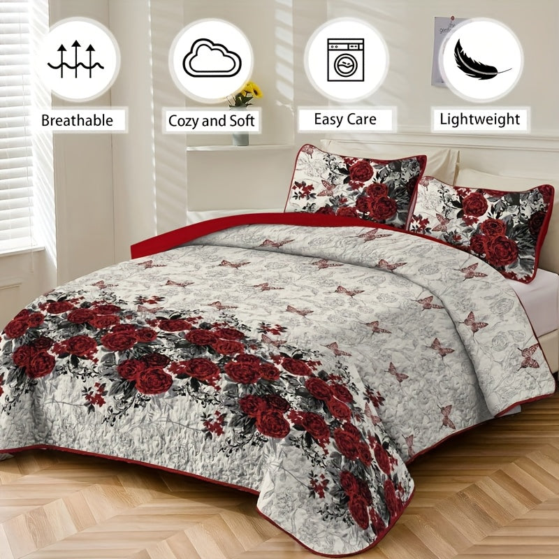Romantic Rose Quilt Set Polyester Coverlet With Embellishments Machine Washable