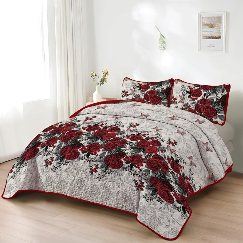 Romantic Rose Quilt Set Polyester Coverlet With Embellishments Machine Washable