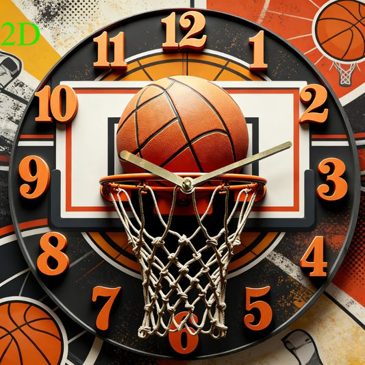 Basketball Wall Clock with Net, Silent Quartz Movement, Wood Frame