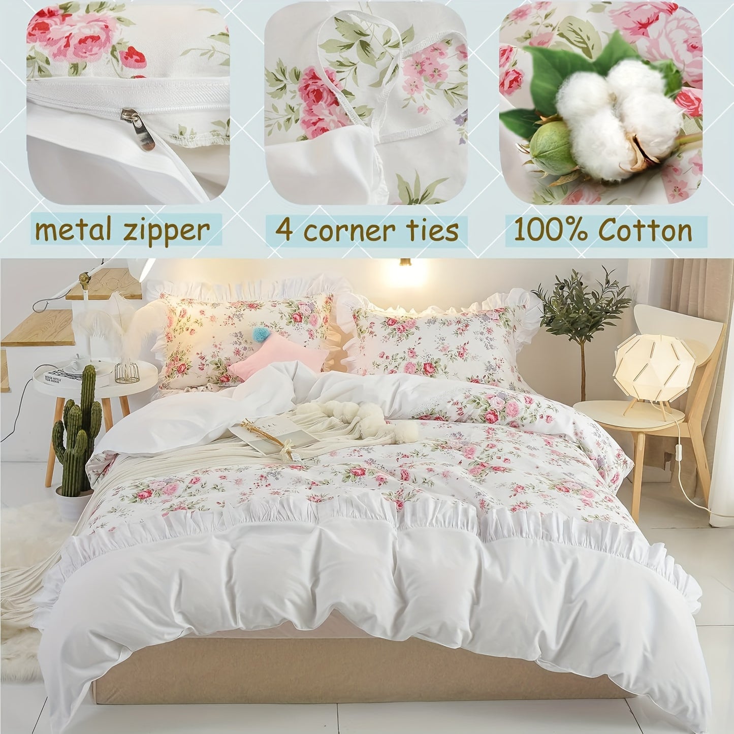 Floral Duvet Cover Set 3Piece Reversible Bulgarian Rose Bedding
