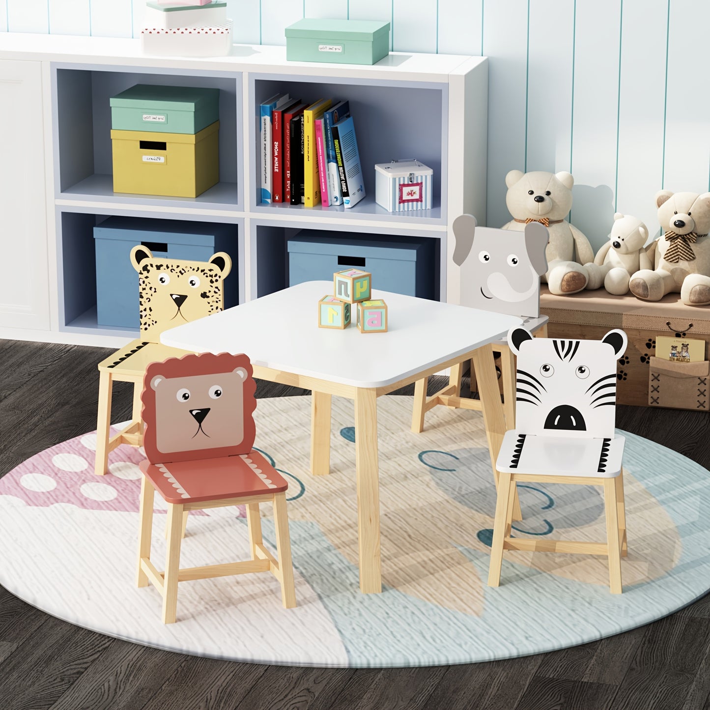 Kids Table And Chair Set With Animal Theme Wood Furniture