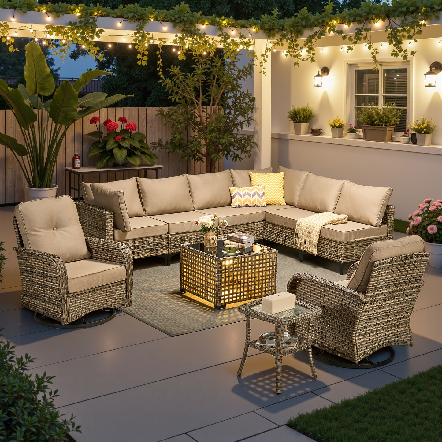 HOOOWOOO Outdoor Patio Furniture Set Wicker Sectional Sofa Swivel Chairs