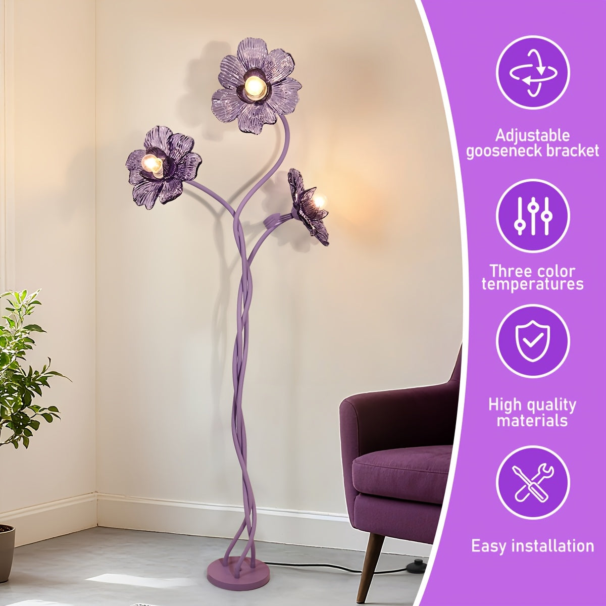 Cherry Blossom Three-Head Floor Lamp With Retractable Swivel Foot Switch