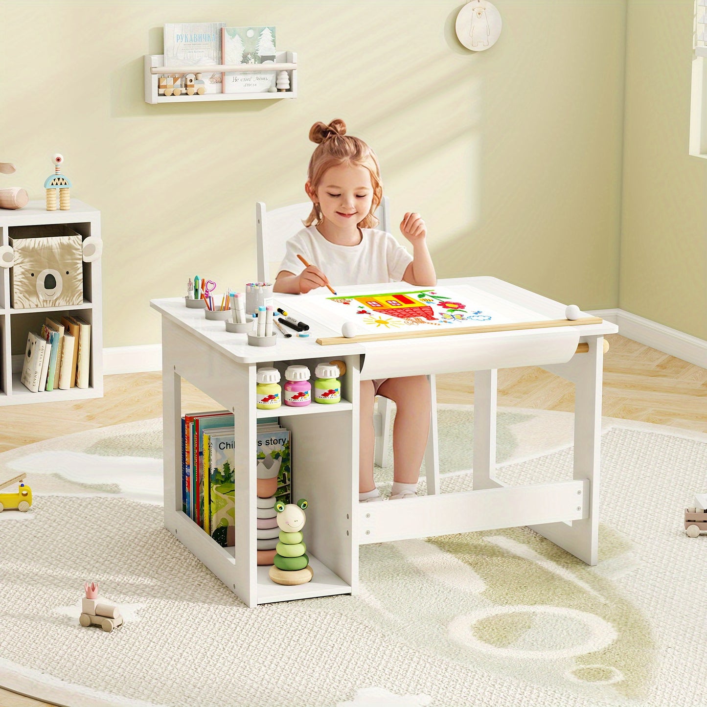 COSTWAY Kids Art Table And Chair Set With Paper Roll