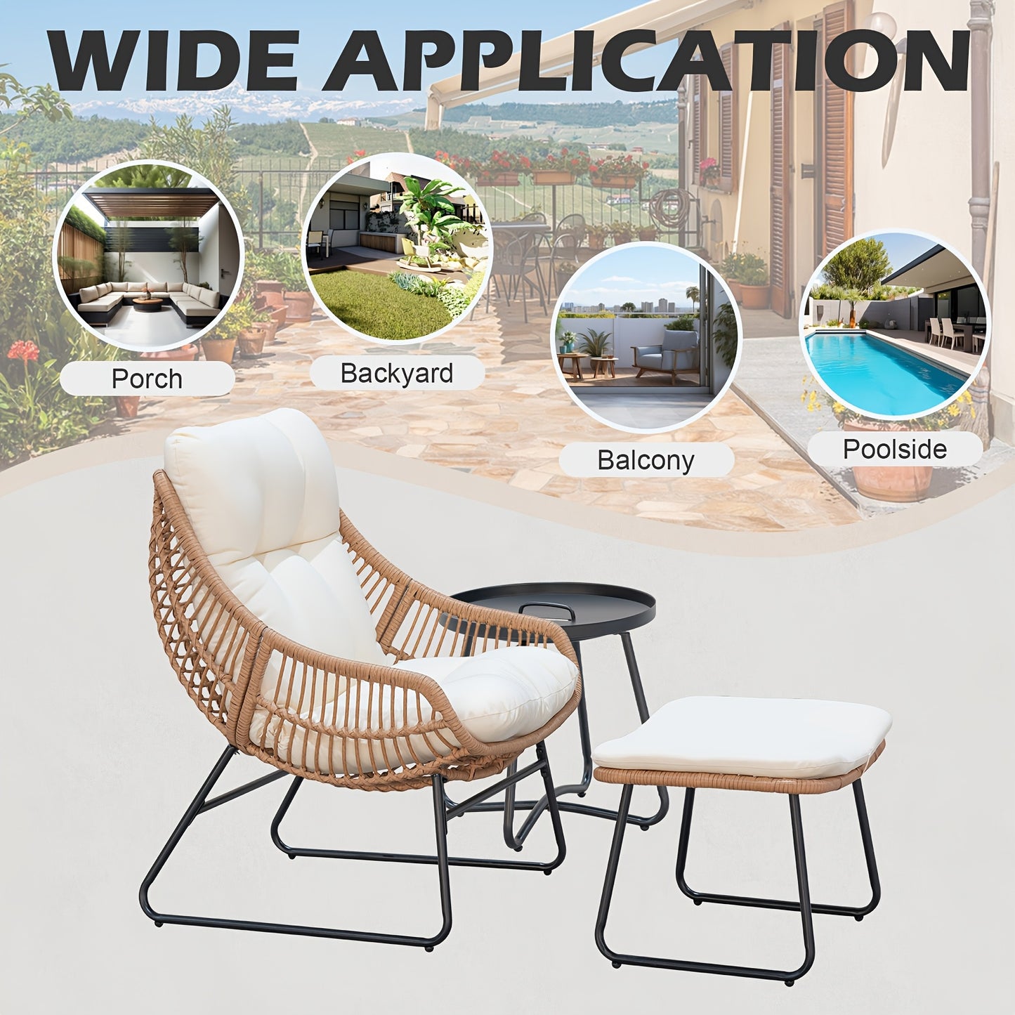 TAPPIO 3 Piece Outdoor Patio Furniture Set Papasan Chair Ottoman