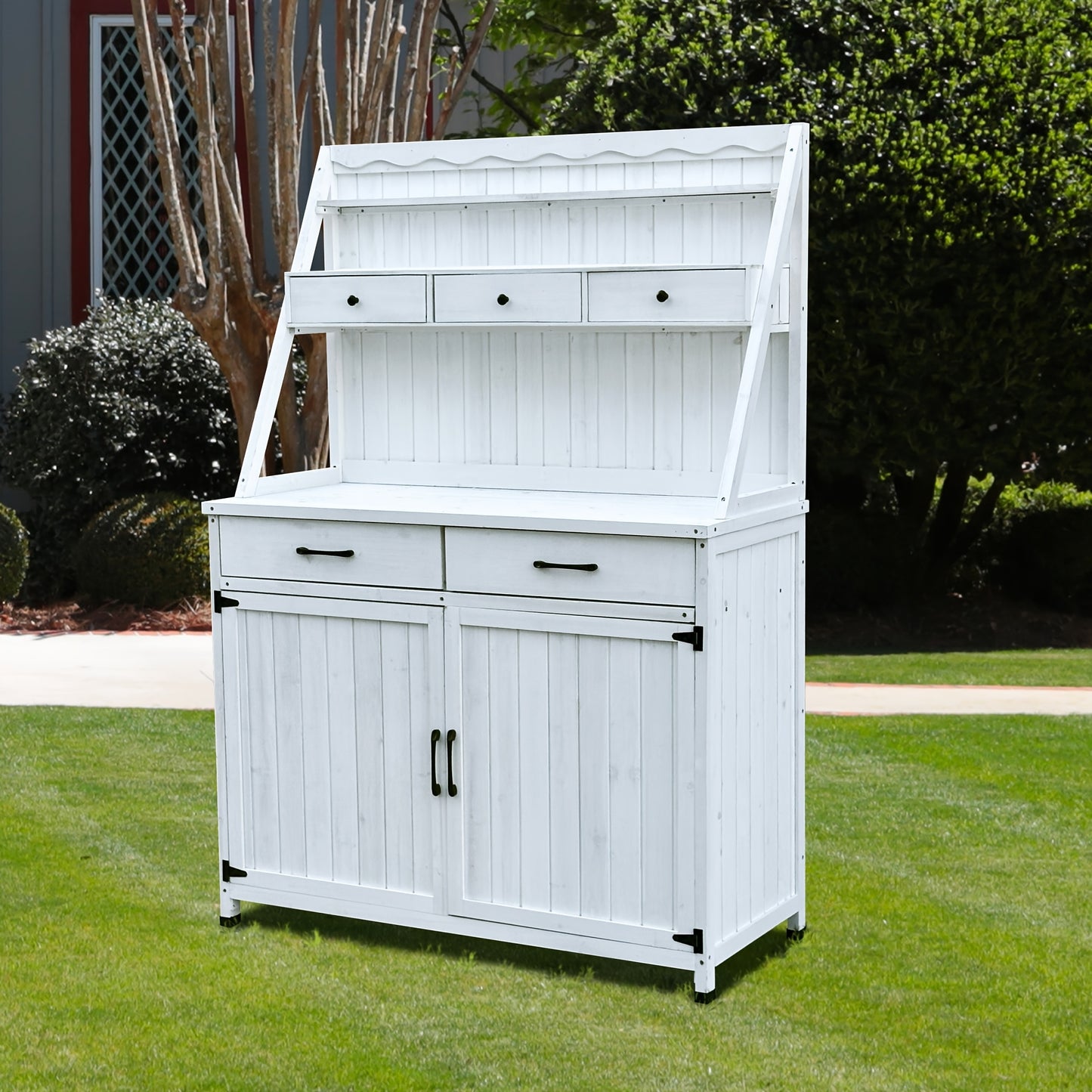 Outdoor Solid Fir Potting Station With Double Doors Shelved Top