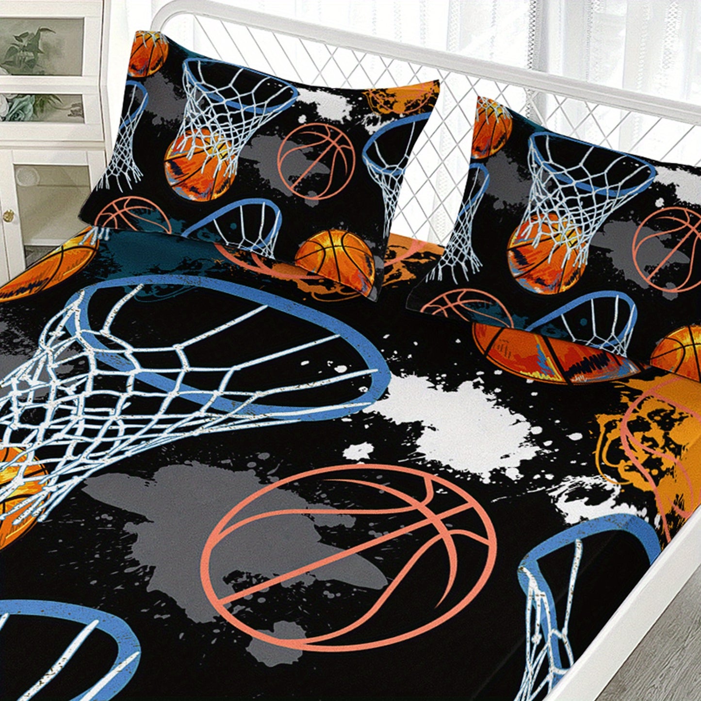 Basketball Theme Three Piece Fitted Sheet Bedding Set With Pillowcases