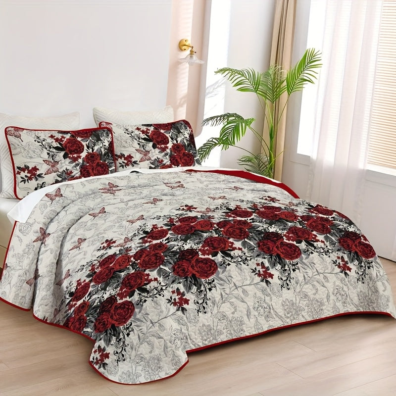 Romantic Rose Quilt Set Polyester Coverlet With Embellishments Machine Washable