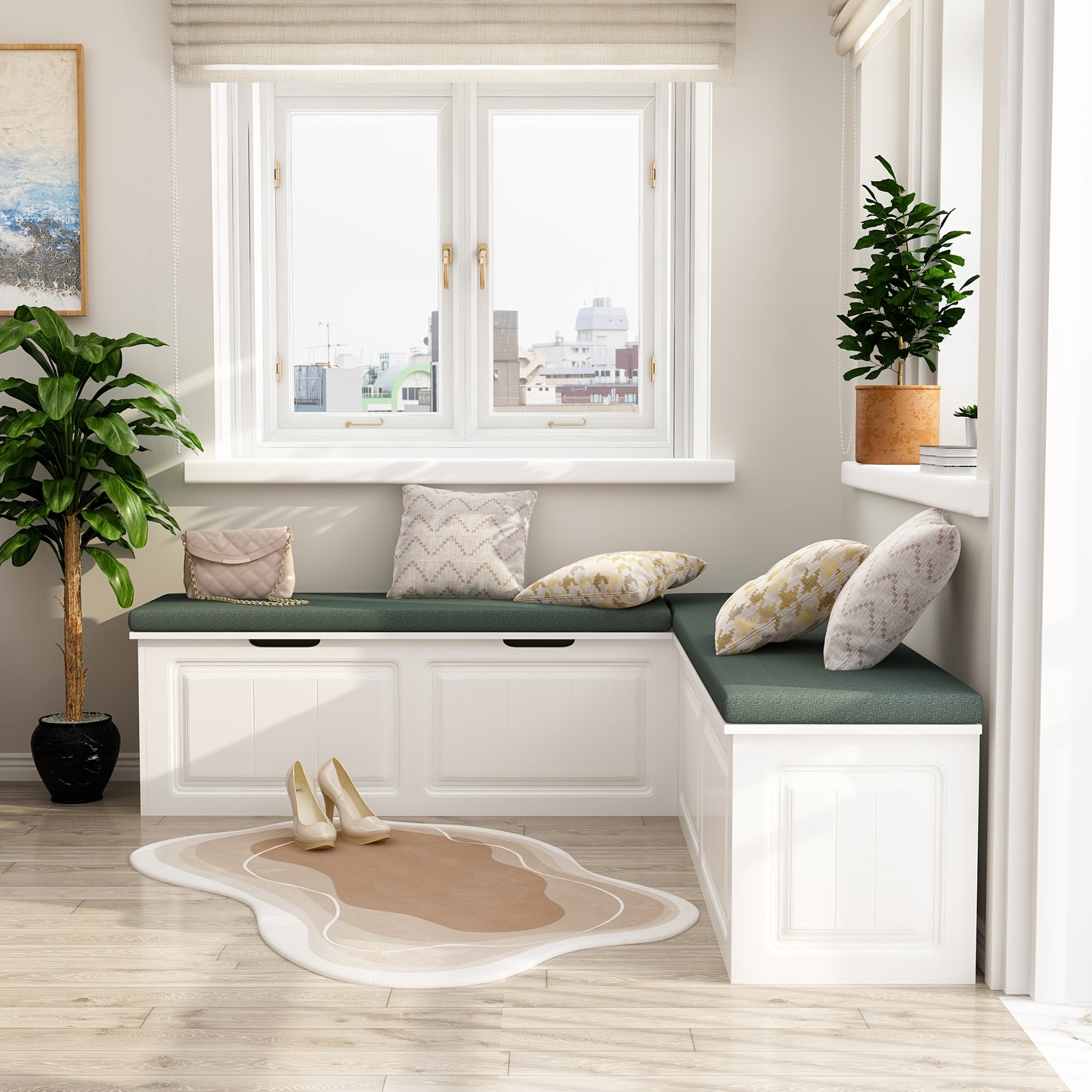 FUFU&GAGA Modern L Shaped Shoe Bench With Flip Storage Cabinet