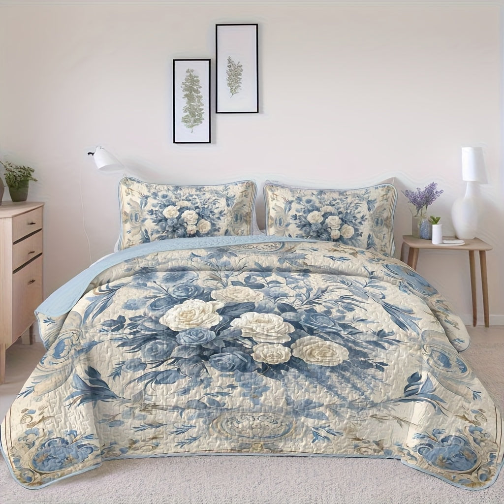Flower Design Quilt Set Hypoallergenic Breathable All Seasons Lightweight Bedding