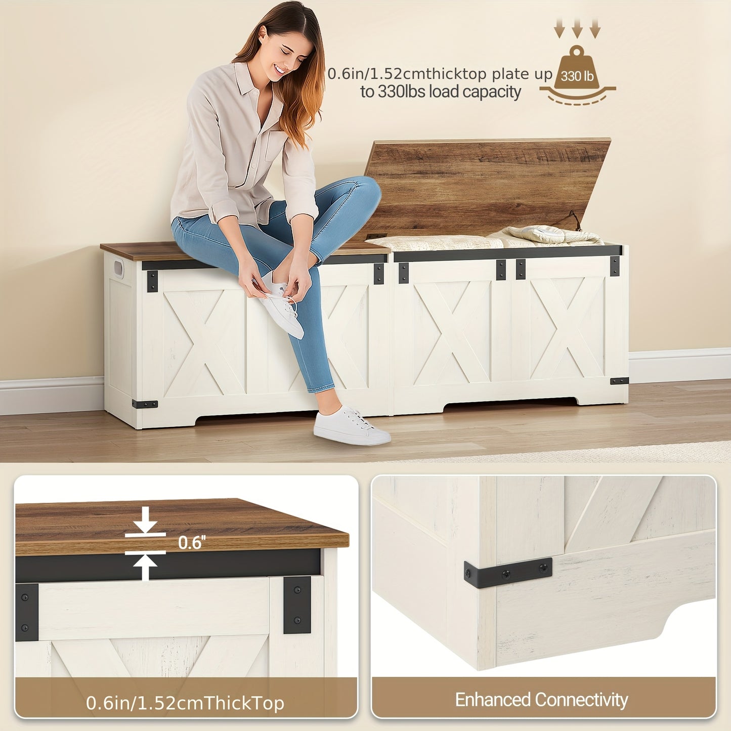 HZUANERI Farmhouse Wooden Storage Chest Lift Top Organizer With 2 Hinges