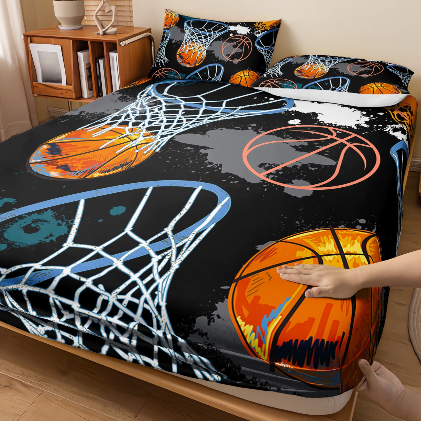 Basketball Theme Three Piece Fitted Sheet Bedding Set With Pillowcases