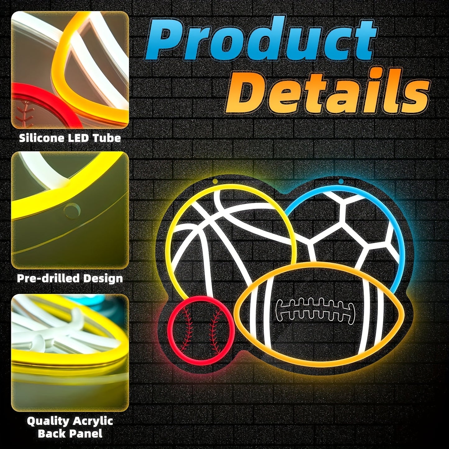 Flybaby Neon Four Sports Balls Wall Sign LED USB Powered