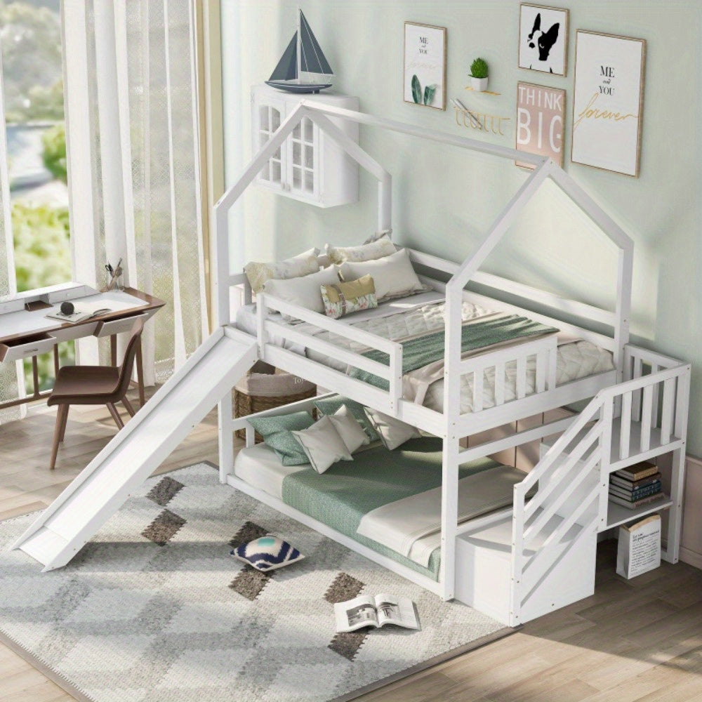 White Space-Saving Design of a Twin Over Twin Bunk Bed Featuring a Convertible Slide And a Staircase with Storage