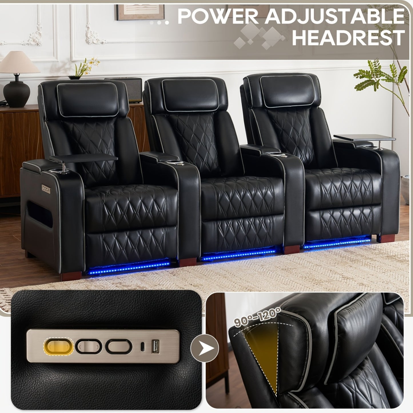 Consofa Home Theater Seating Power Recline Leather Memory Foam Sofa