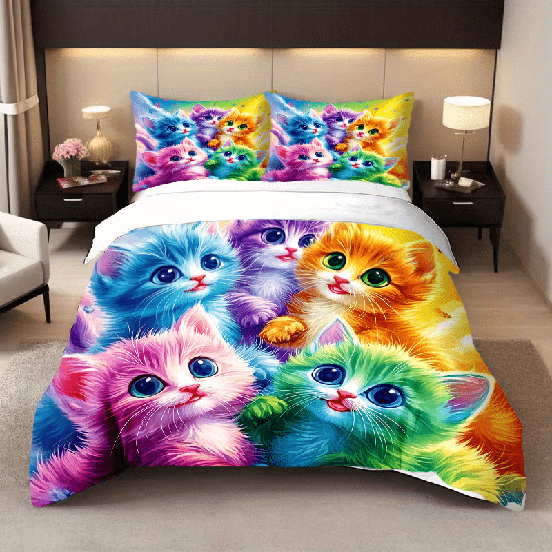 Cat Printed Quilt Cover Set Three Piece Pillowcases Polyester Bedding