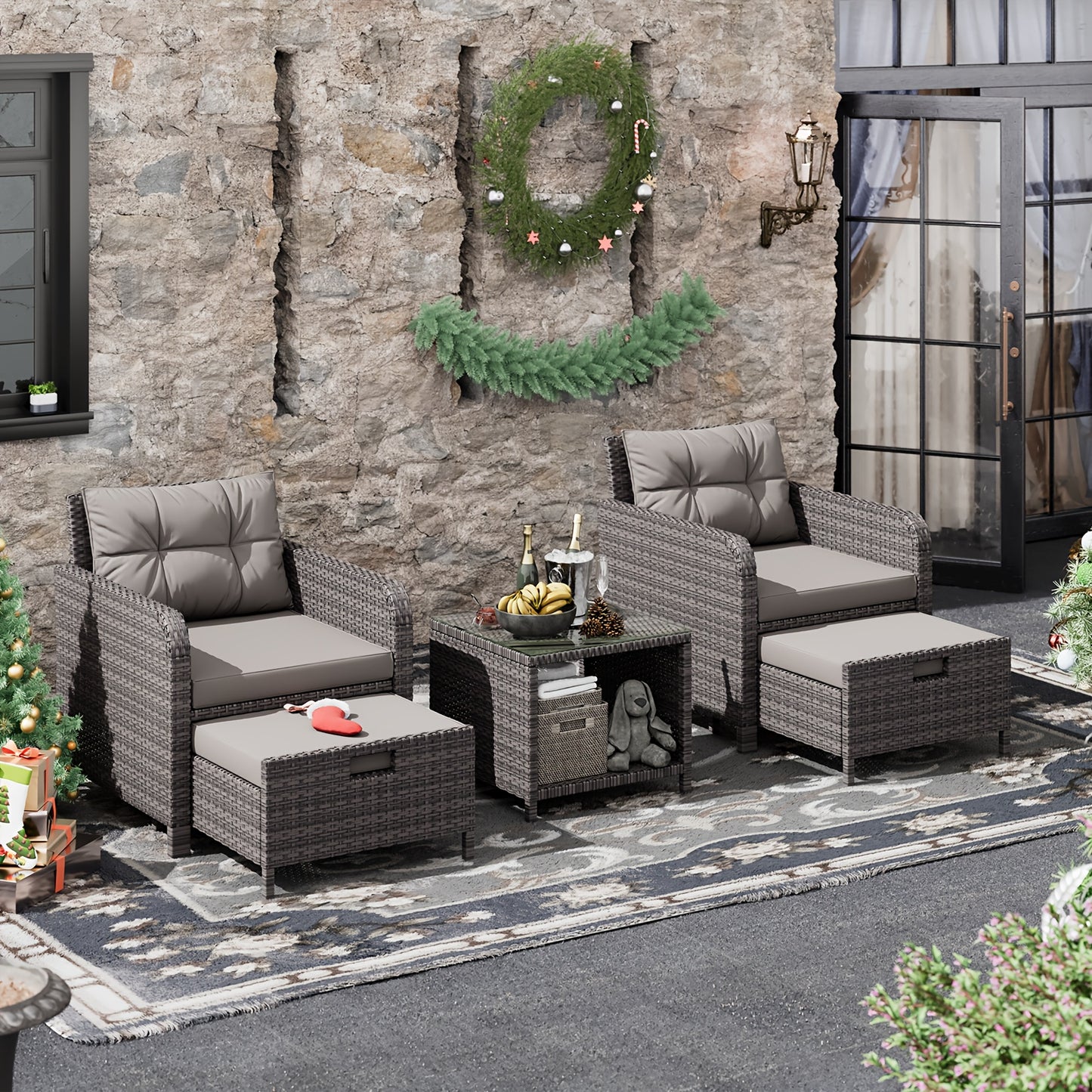 BIFANUO Balcony Furniture FivePiece Patio Conversation Set With Glass Table