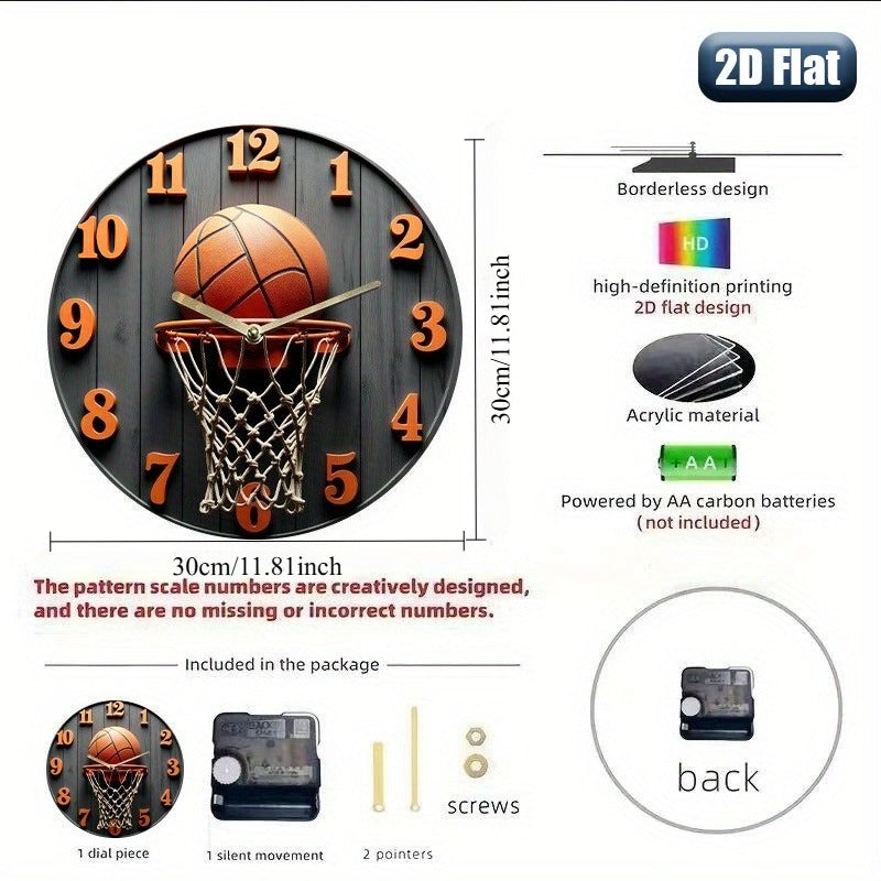 Basketball Wall Clock with Net, Silent Quartz Movement, Wood Frame